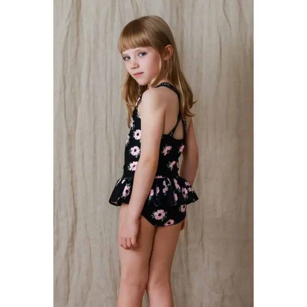 Tiny Tribe Toddler Floral One-Piece Swimsuit Black Pink Cross Back Sz 6-9 Months